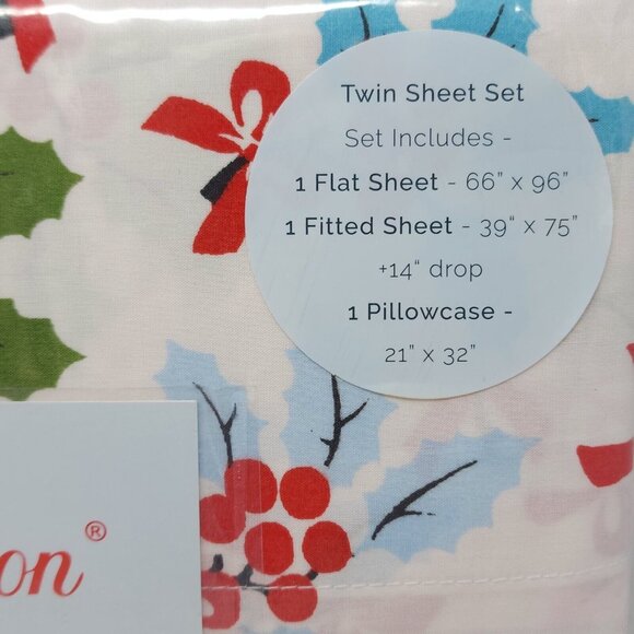 CATH KIDSTON LONDON Christmas Holly Multi Twin Sheets Set 100% Cotton Percale - Picture 4 of 7